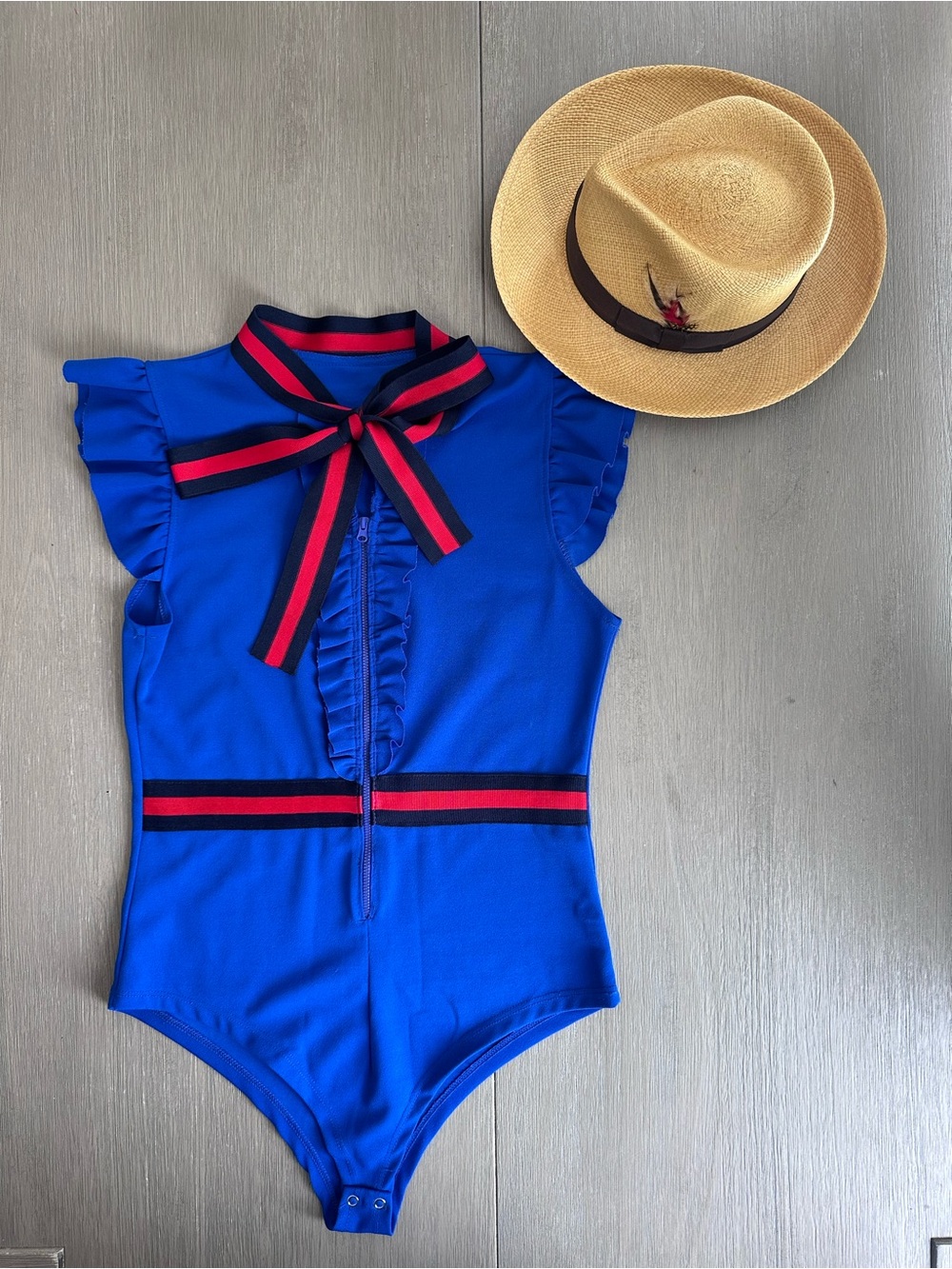 Royal Blue Tie-Neck Bodysuit with Red-Navy Trim